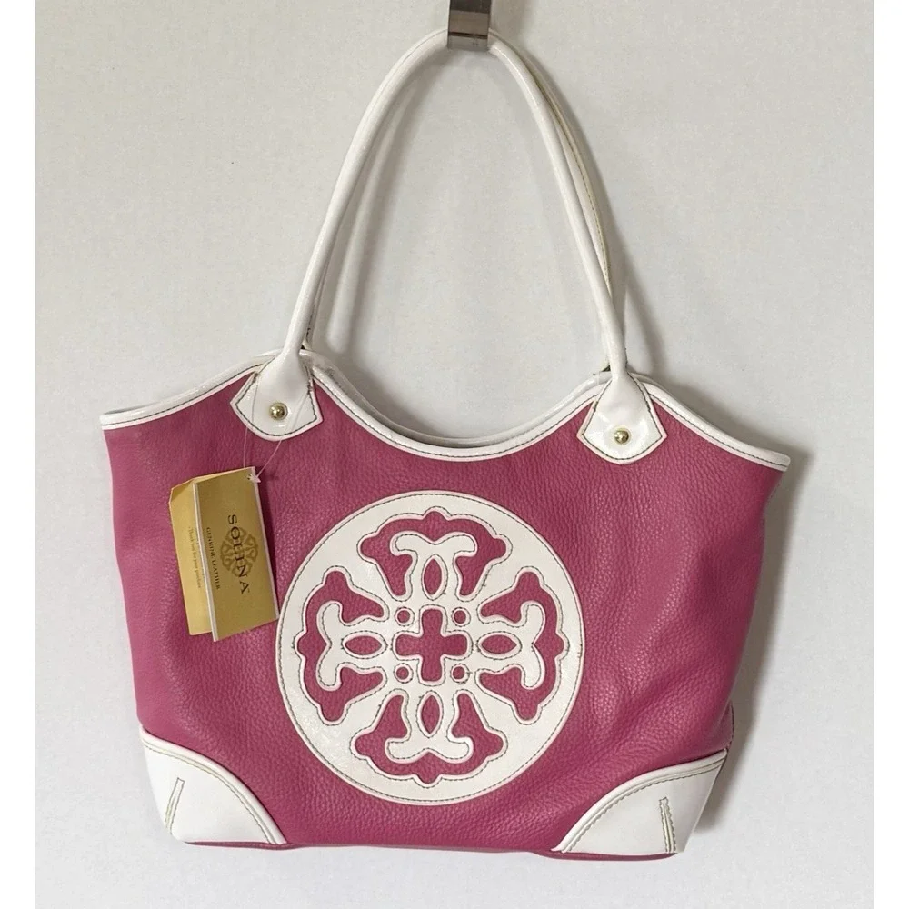 Solina Shoulder Tote Bag Genuine Leather Pink White Front Appliqués Sewn